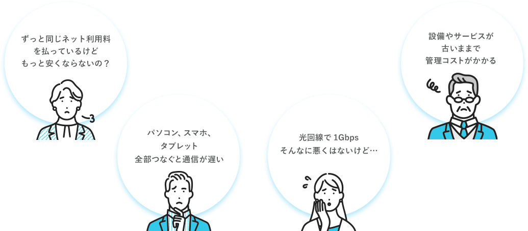 「ずっと同じネット利用料を払っているけどもっと安くならないの？」「パソコン、スマホ、タブレット全部つなぐと回線が重い」「光回線で1Gbpsそんなに悪くはないけど…」「設備やサービスが古いままで管理コストがかかる」